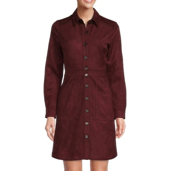 NWT A Loves A Burgundy Faux Vegan Suede Button Down Long Sleeve Dress Size Large - Picture 1 of 12